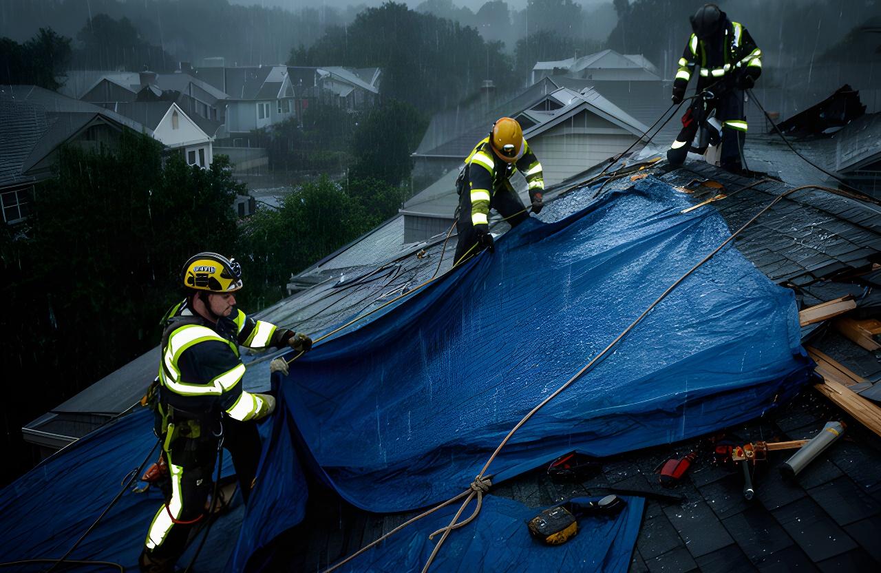 Roofing crew in reflective safety gear securing a blue tarp during heavy rain after storm damage