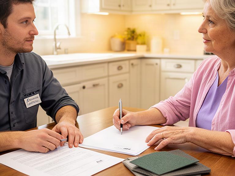 Home improvement specialist reviewing a signed roofing agreement at a Charleston kitchen table