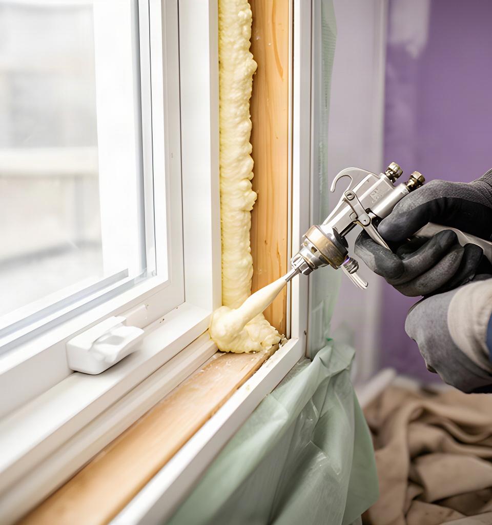 Installer applying spray foam insulation around a newly fitted replacement window before interior trim work