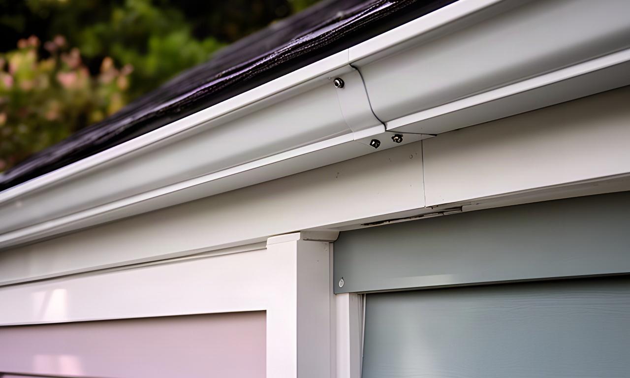 Close view of new seamless gutters beside freshly painted fiber-cement siding on a home exterior