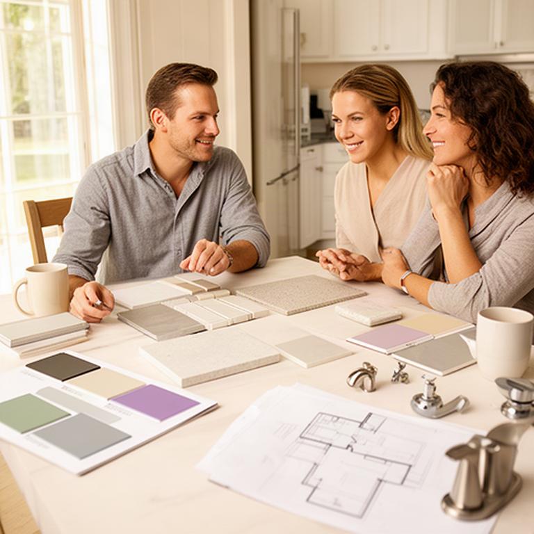 Bathroom designer reviewing tile and countertop samples with homeowners at a table during a planning consultation