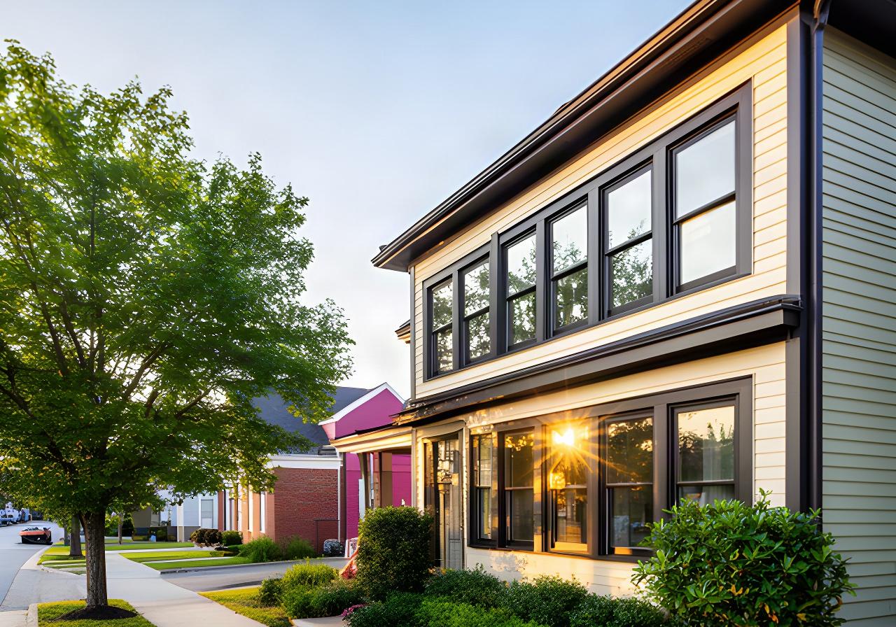 Charleston home with new black-framed energy-efficient windows and bright afternoon reflections