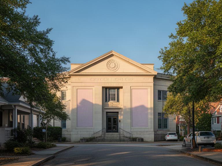 Charleston civic building near residential streets in West Virginia under a clear afternoon sky