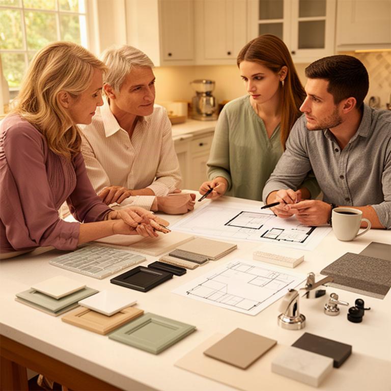 Bathroom designer going over tile, cabinet, and plumbing samples with a couple at their kitchen table