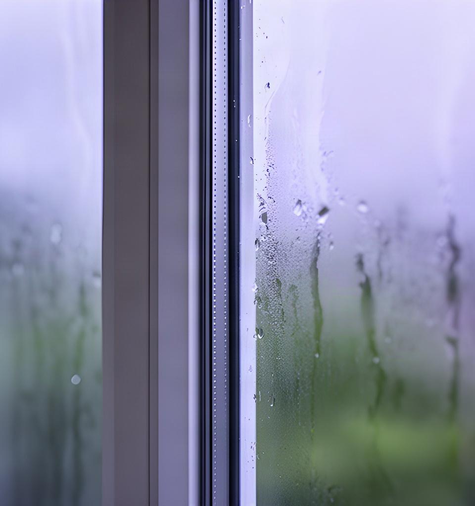 Close-up of fogged insulated window glass showing condensation between two panes before repair