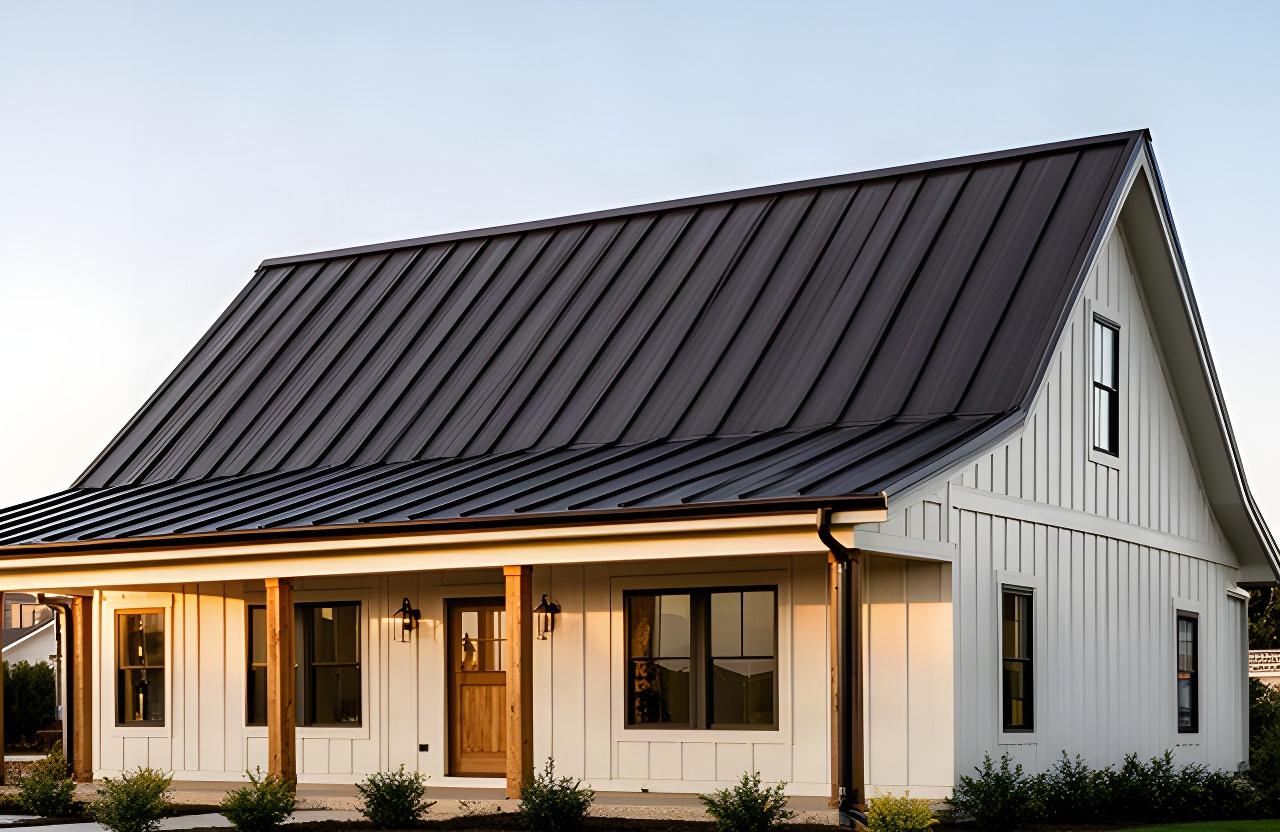 Modern farmhouse with a charcoal standing seam metal roof and clean hidden-fastener lines