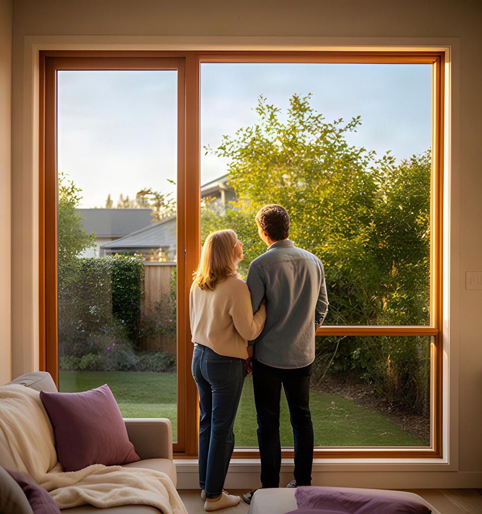 Happy Charleston couple looking through their new picture window into a leafy residential yard