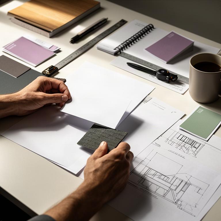 Homeowner reviewing roofing documents and project notes at a planning desk