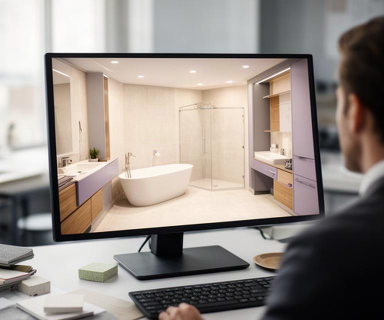 Computer screen showing a detailed three-dimensional bathroom design with cabinetry, shower tile, and lighting