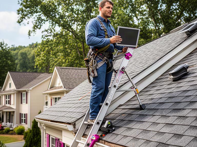 Roofing professional documenting a home inspection from a ladder in a West Virginia neighbourhood