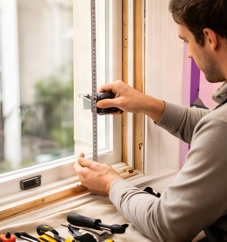 Window technician measuring a replacement opening with a tape measure inside a Charleston residence