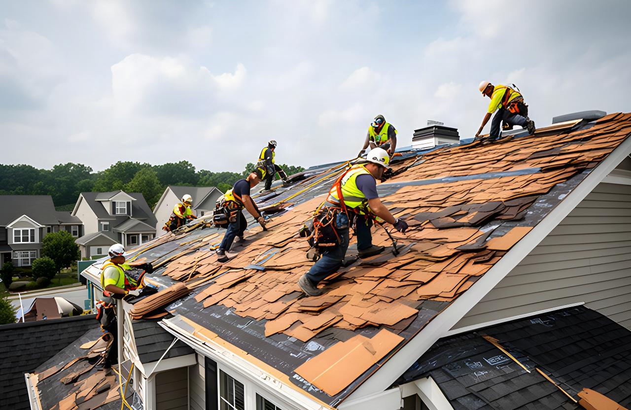 Roofing crew securing architectural shingles on a steep Charleston home roof