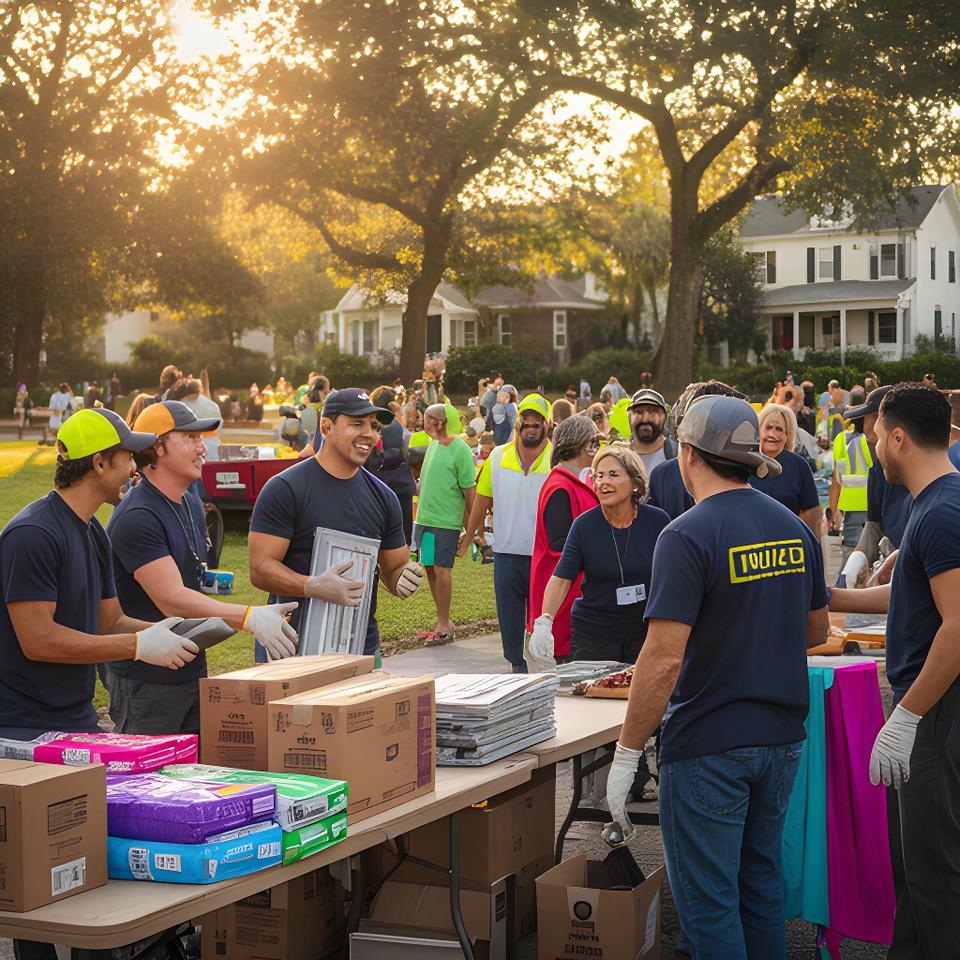 Roofing crew in company shirts helping at a Charleston community charity event