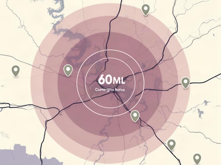 Stylized service area map around Charleston, West Virginia with a marked 60-mile coverage radius