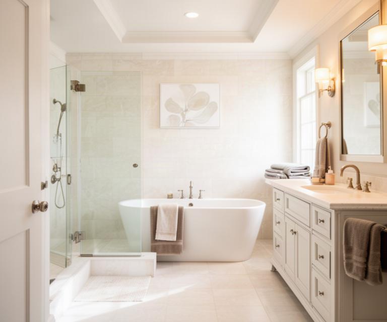 Freshly remodeled bathroom with bright tile, a glass shower, and a freestanding tub in a Charleston-area home