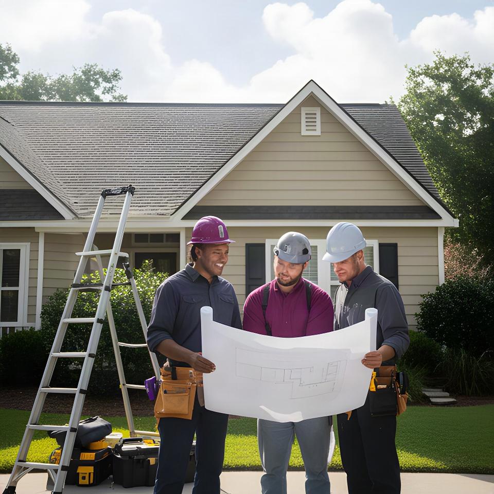 Three home improvement professionals reviewing a roof plan beside a Charleston house
