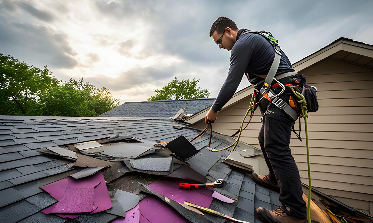 Roofing installer in a safety harness replacing storm-damaged shingles on a residential roof