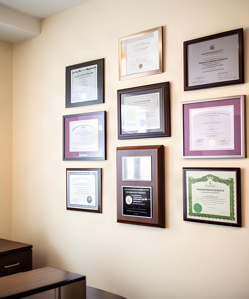 Wall of home improvement awards, licenses, and trade certificates inside a Charleston office