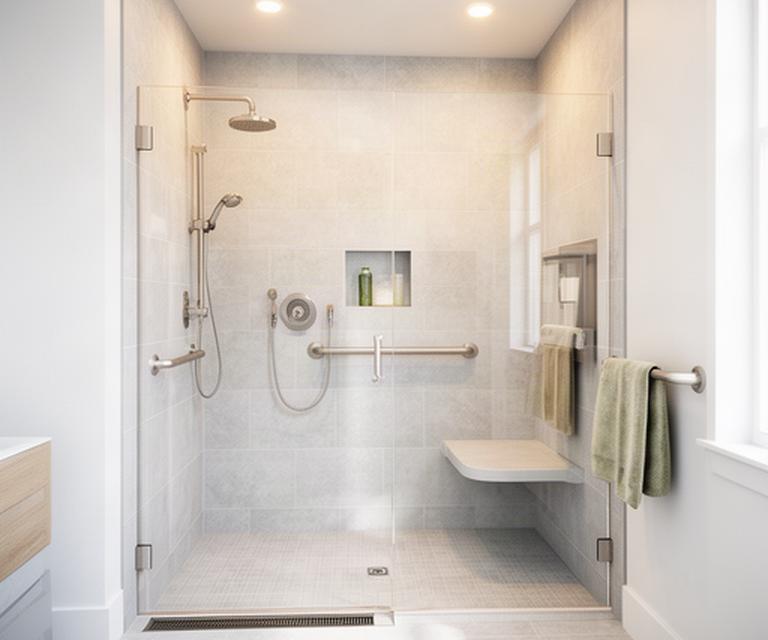Modern walk-in shower with a rainhead, handheld sprayer, built-in seat, and clear glass enclosure