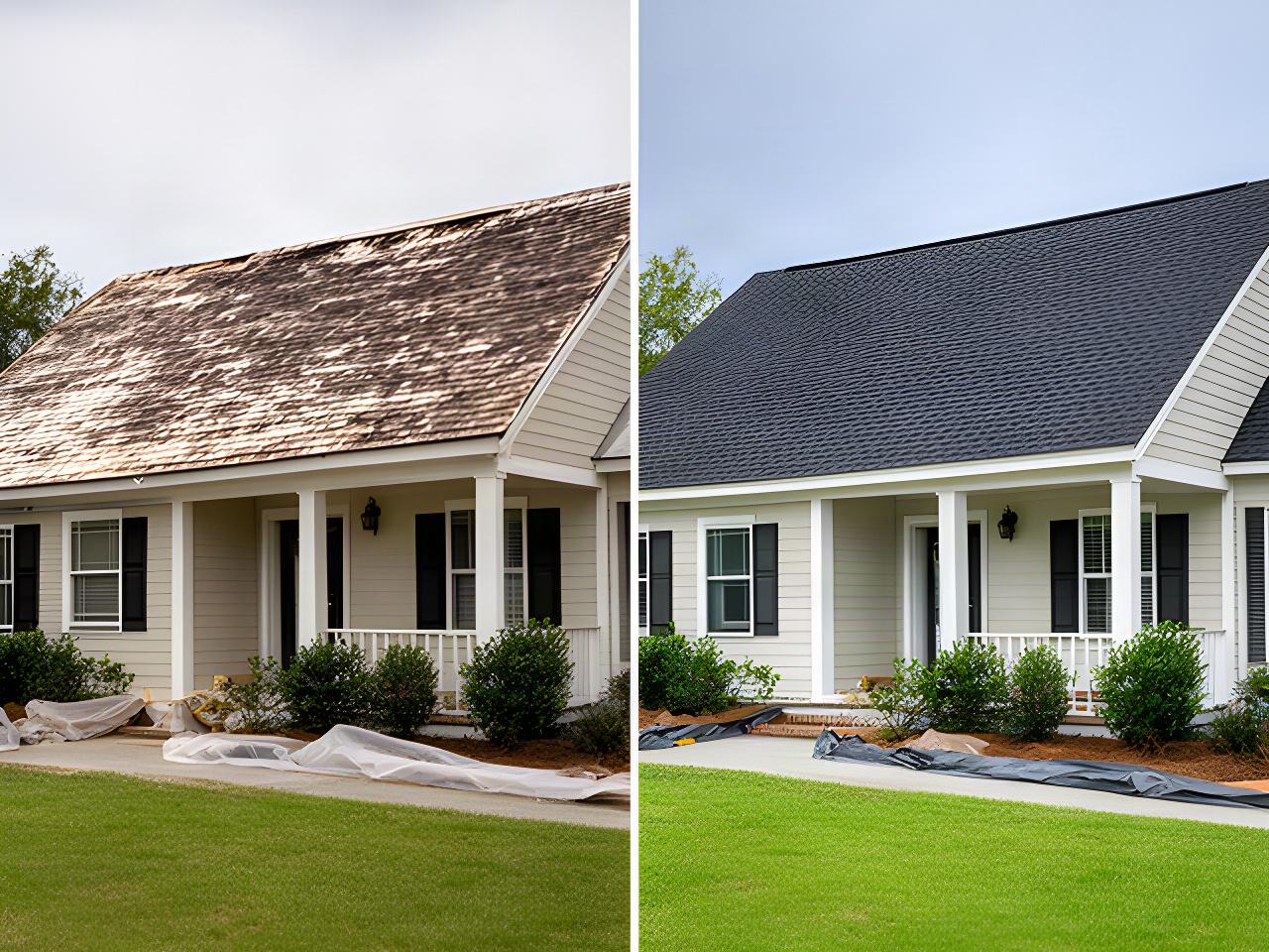 Split view showing a Charleston home before tear-off and after a completed new roof installation