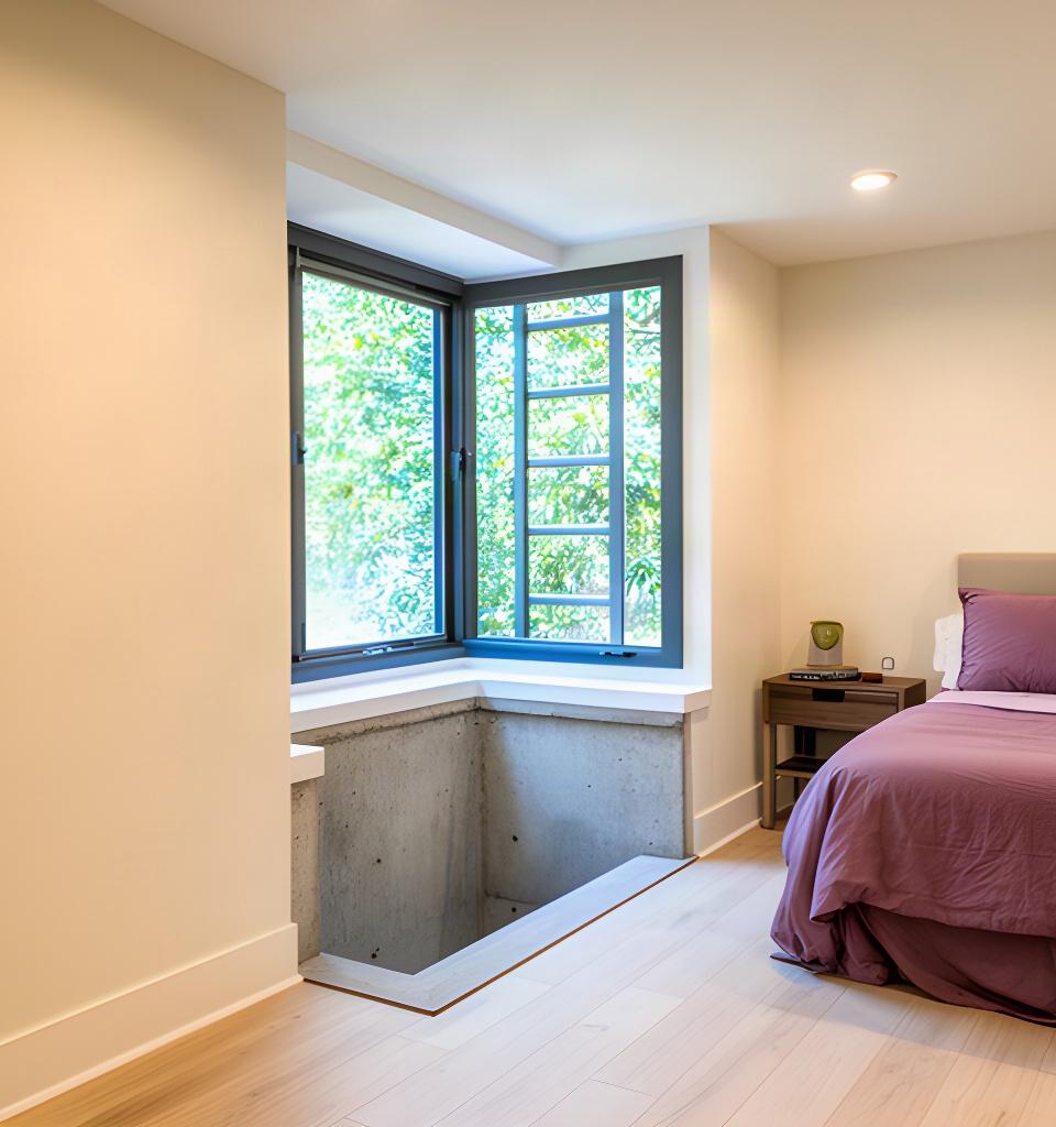 Finished Charleston basement bedroom with a large egress window, concrete well, and natural light