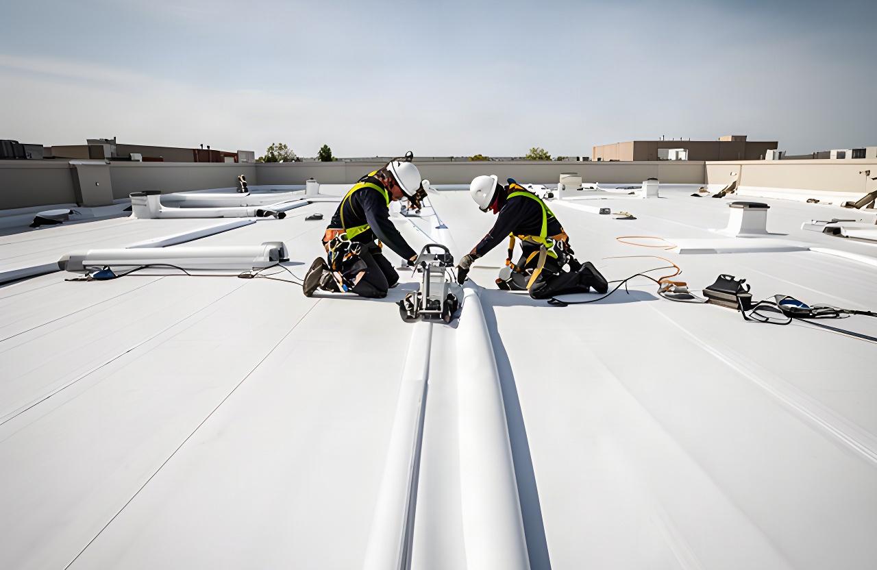 Roofing technicians heat-welding white TPO membrane on a large low-slope roof