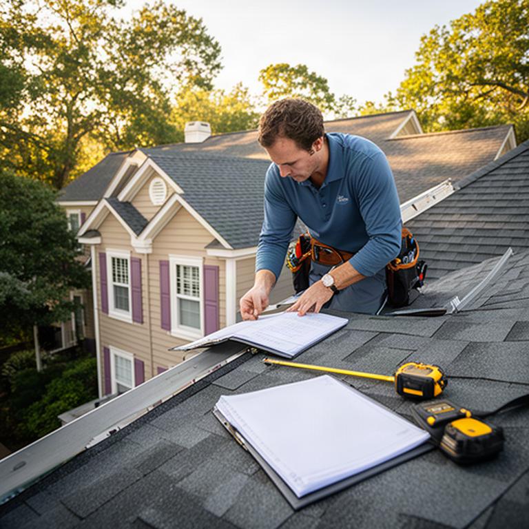Contractor measuring a residential roof while checking a project file outdoors