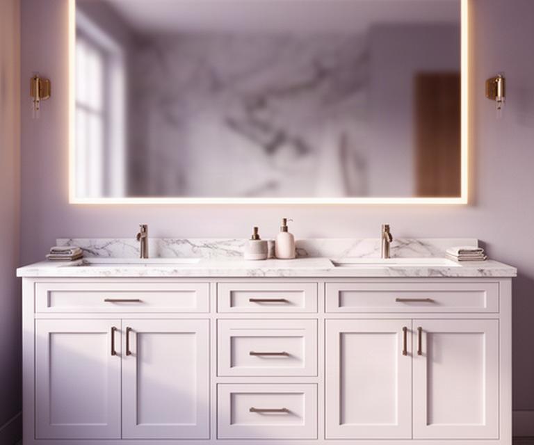 Custom double bathroom vanity with shaker-style doors, Carrera marble countertop, and brushed hardware